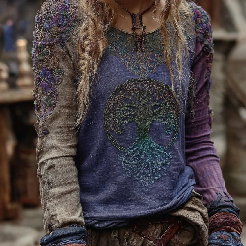 Women's Vintage Gradient Viking Celtic Knot Embroidered Art Cozy Linen Shirt elevenforest