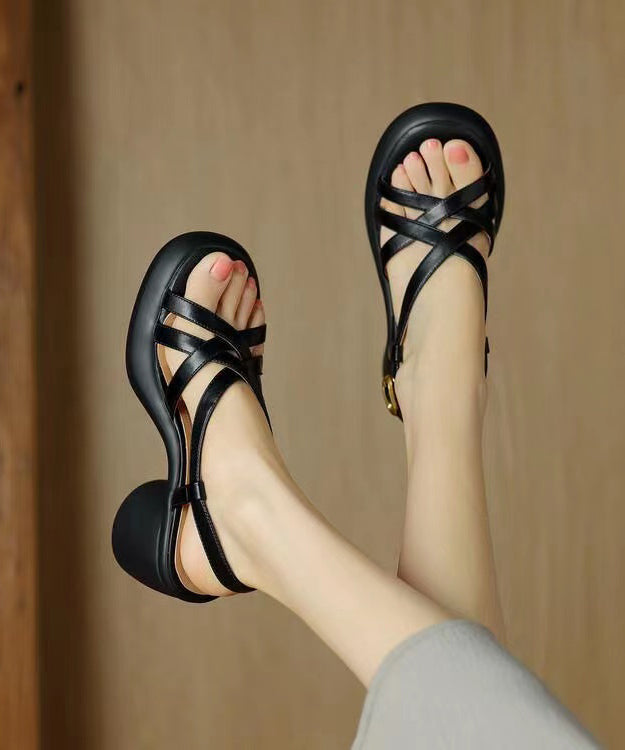 Splicing Chunky Sandals Apricot Cowhide Leather Peep Toe
