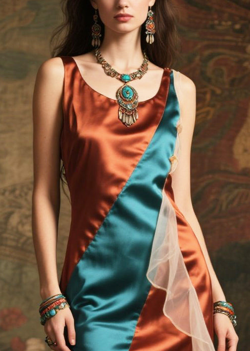 Colorblock Asymmetrical Patchwork Exra Large Hem Silk Dress Summer