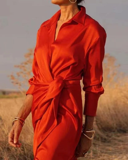Red Peter Pan Collar Tie Waist Silk Long Dress Spring