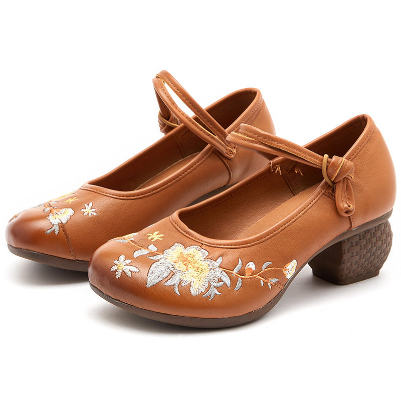 Autumn Leather Retro Flowerpump Shoes