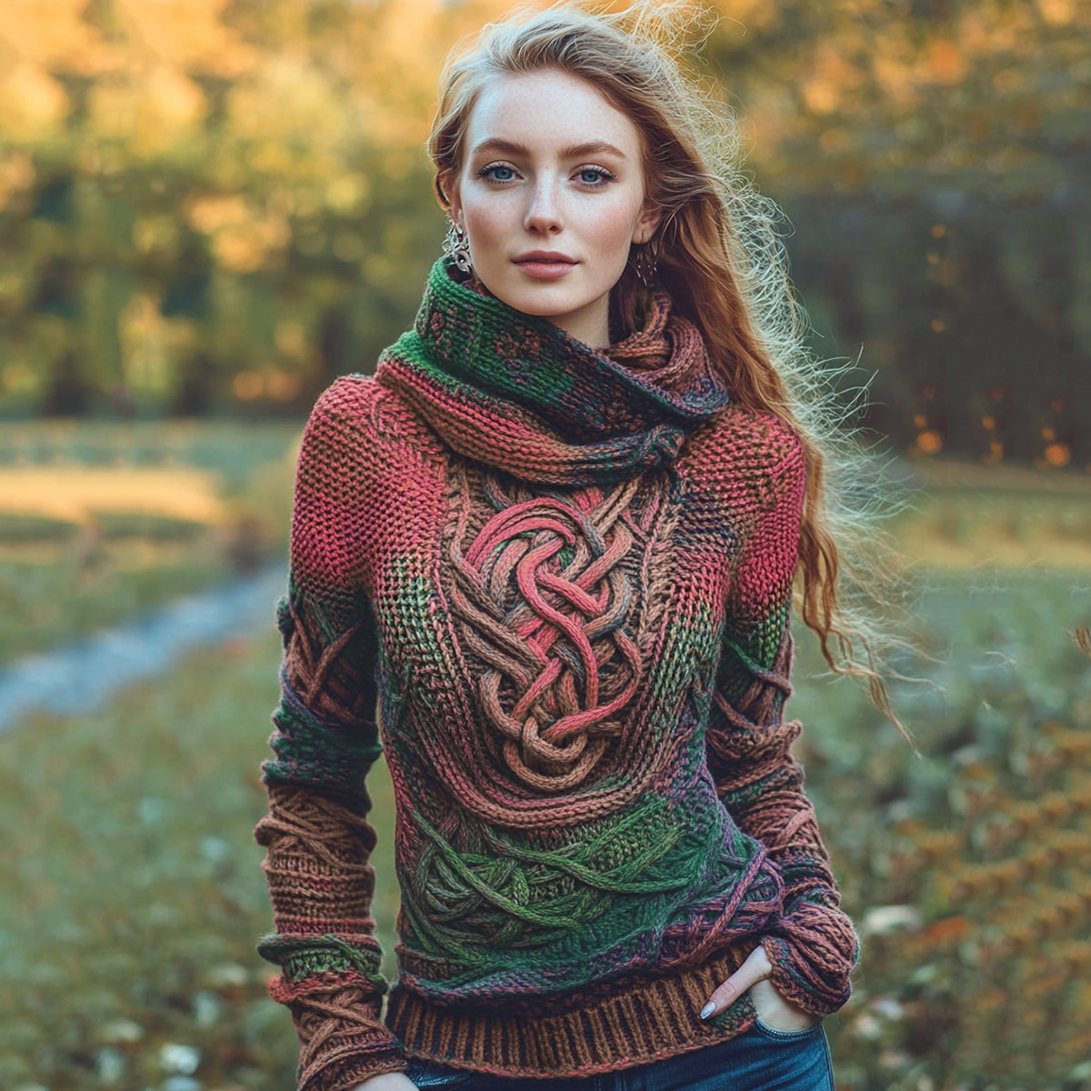 Women's Irish Rainbow Pattern Jacquard Pocket Cozy Hooded Sweater artswardrobe