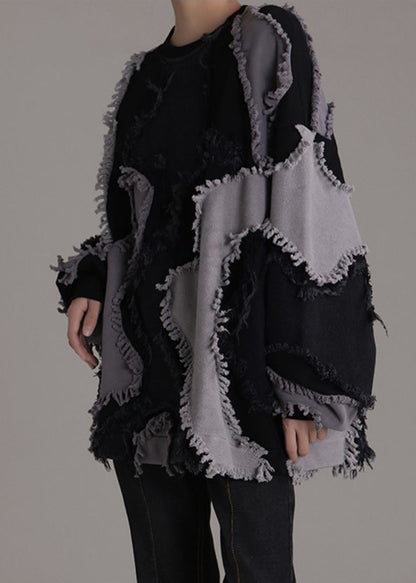 Black O-neck Patchwork Cotton Sweatshirts Long Sleeve