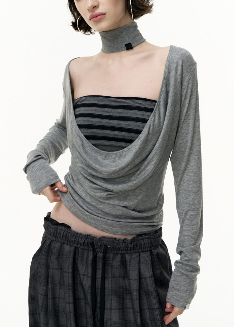 Art Grey V Neck Striped Tank and T Shirt Cotton Two-piece Set Fall
