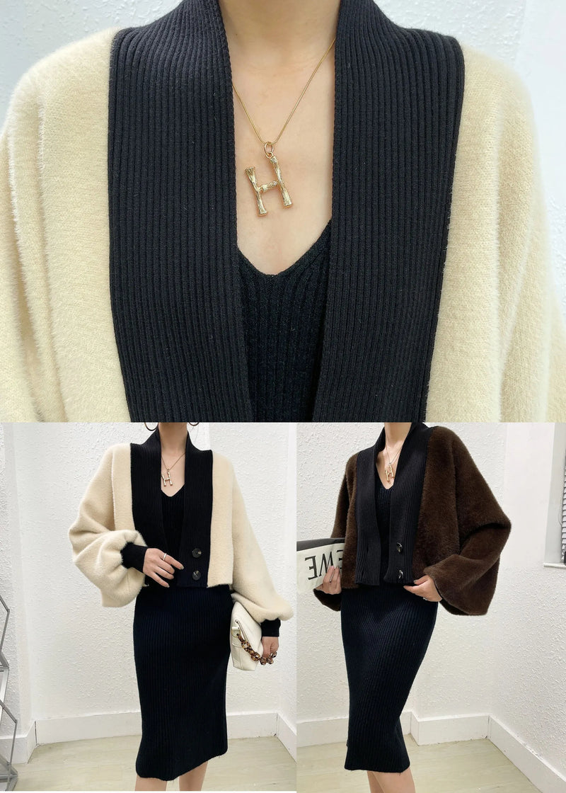 Beige Mink Hair Knitted Coats and Knitted Long Dress Two Pieces Set Winter