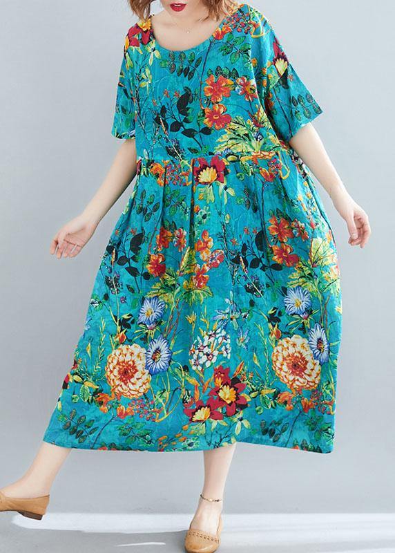Modern O Neck Extra Large Hem Linen Cotton Summer Robes Runway Blue Print Dresses