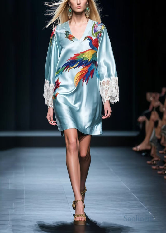 Sky Blue Phoenix Print Patchwork Lace Tea Dresses Summer