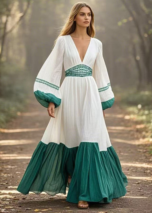 White V Neck Patchwork Exra Large Hem Dresses Lantern Sleeve