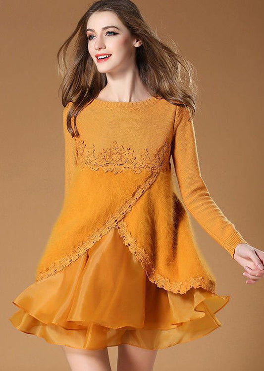 Yellow Side Open Organza Patchwork Fuzzy Fur Fluffy Mini Dresses Spring