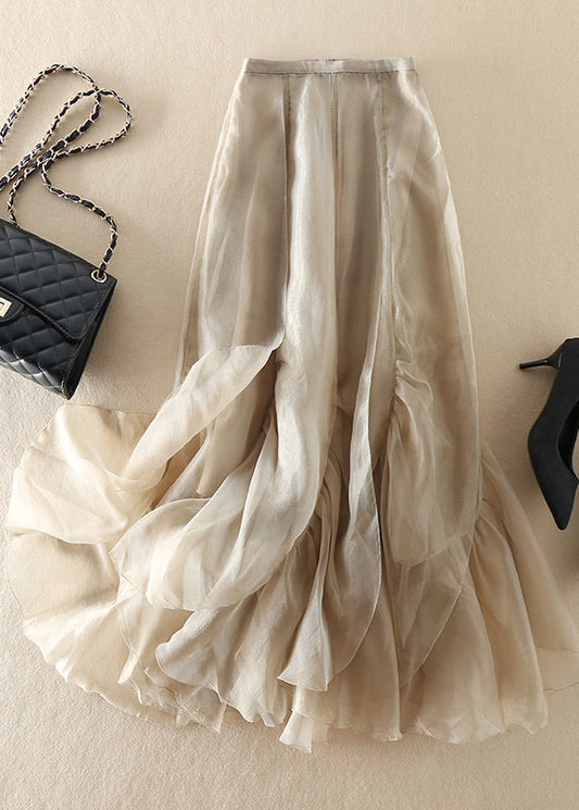 Stylish Champagne Patchwork Wrinkled Chiffon Skirt Spring