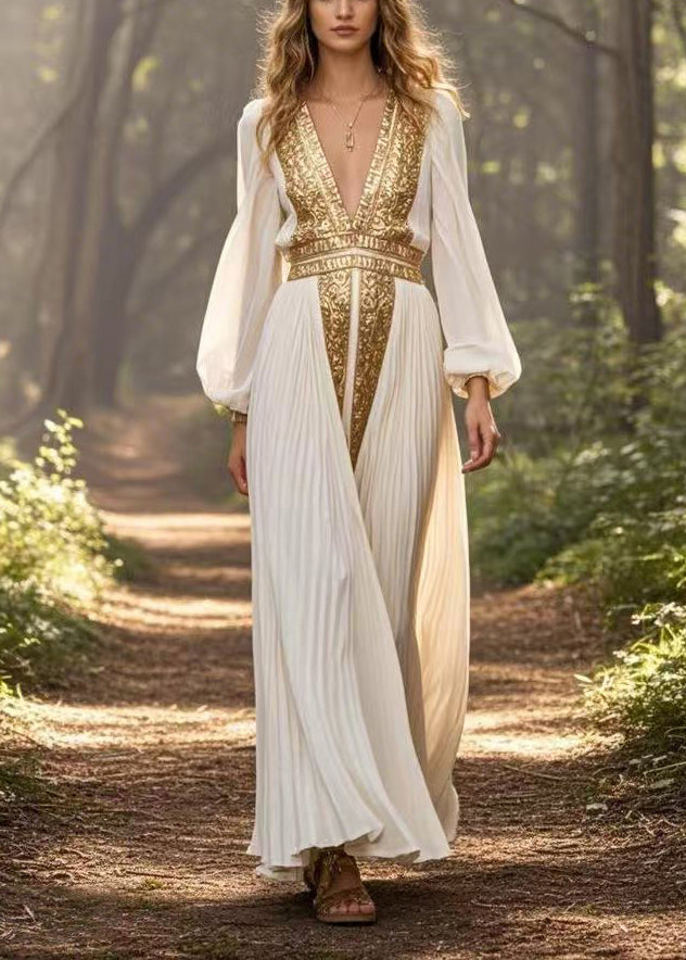 White V Neck Patchwork Chiffon Pleated Dress Spring