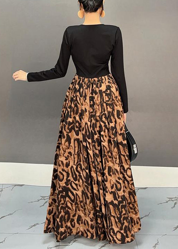 Colorblock V Neck Print Patchwork Long Dress Fall