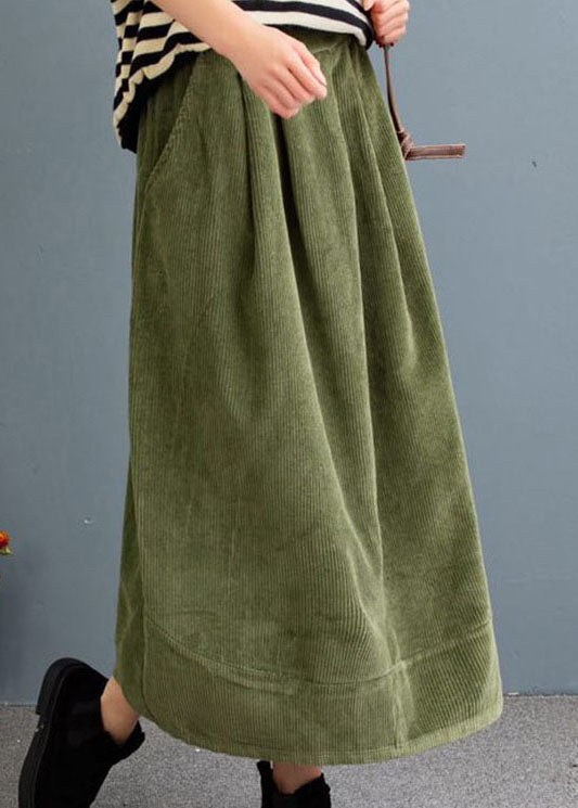 Green High Waist Pockets Velour a Line Skirts Fall