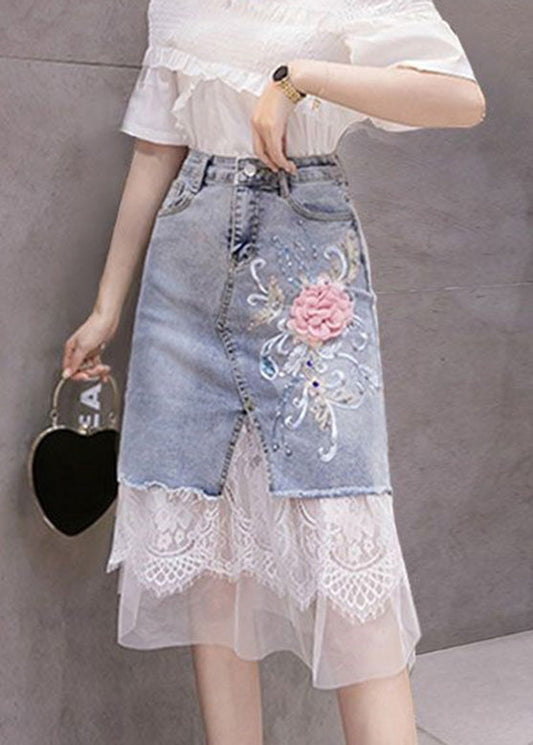 Blue Tulle Patchwork Button Denim Skirt