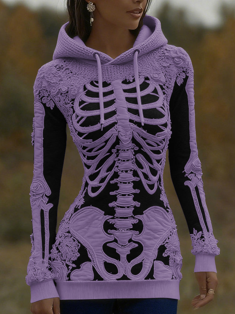 Women's Halloween Skeleton Bones With Roses Art Knitted Warm Hooded Sweater artswardrobe