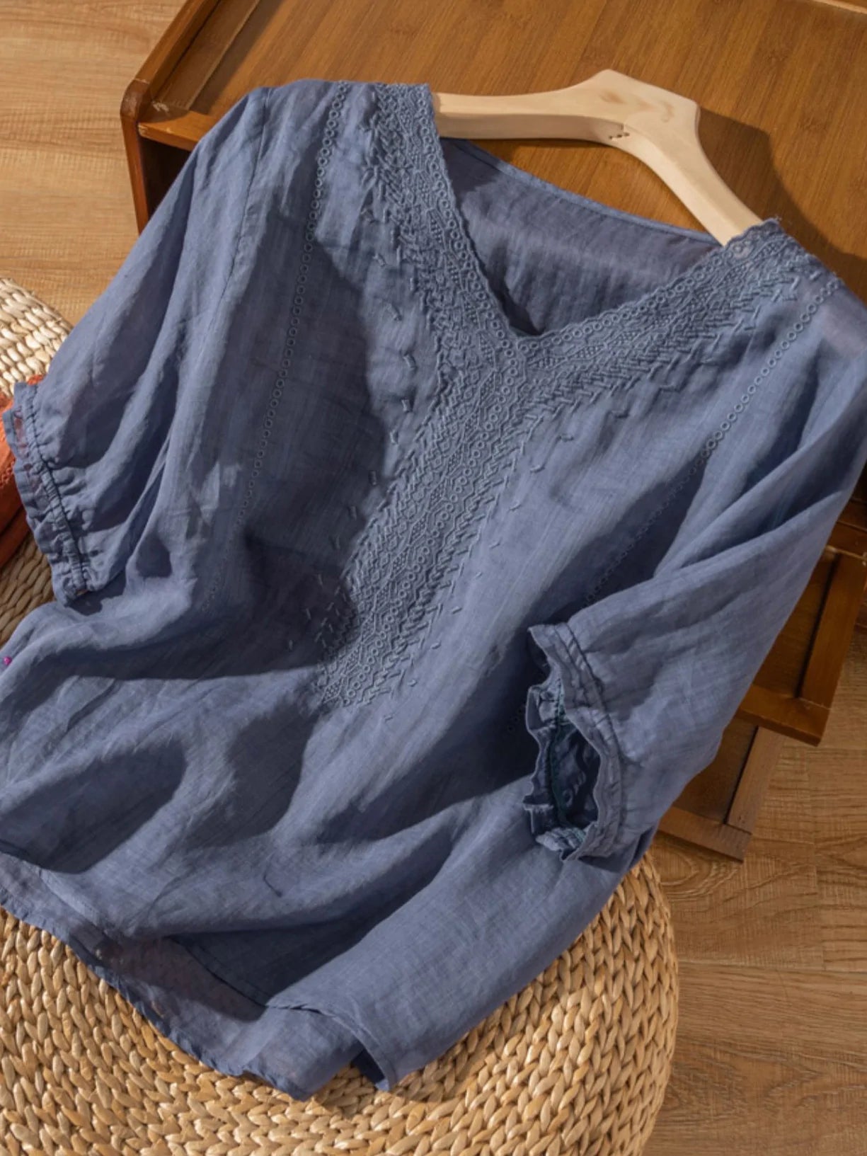 Color V Neck Short Sleeve Linen Top