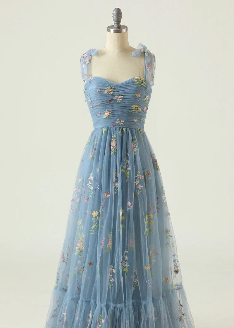 Boutique Blue Embroidered Lace Up Tulle Long Dresses Summer