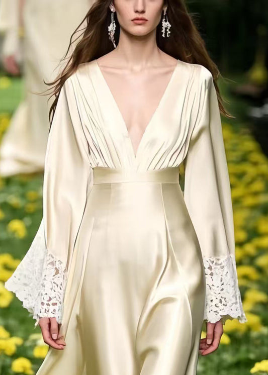 Champagne Patchwork Lace Draping Silk Long Dresses Spring