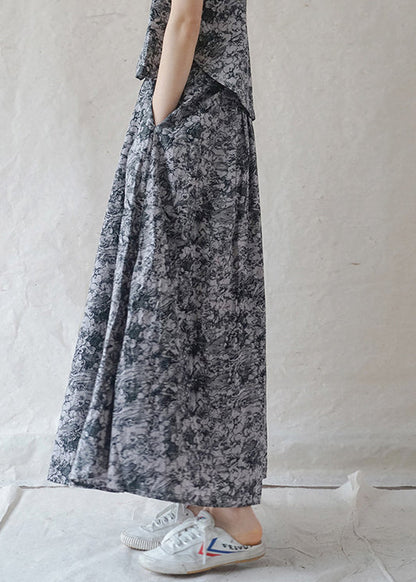 Grey Elastic Waist Drawstring Print Cotton Skirts Spring