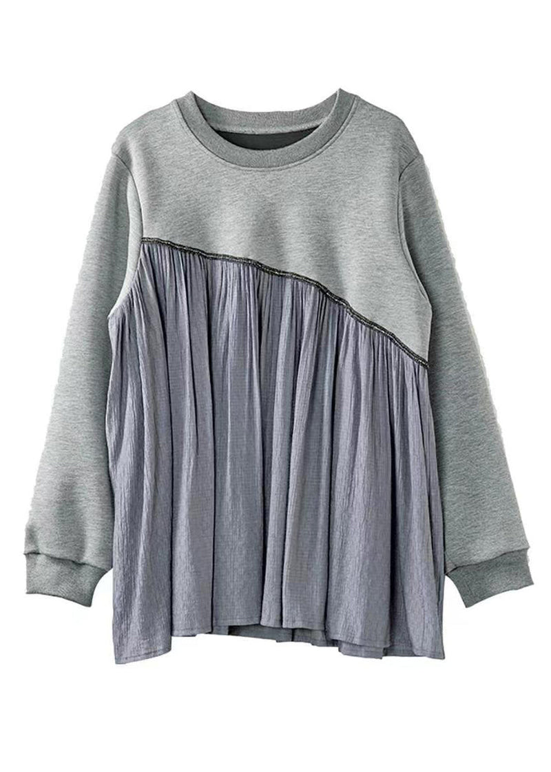 Grey O-neck Wrinkled Patchwork Sweatshirt Spring