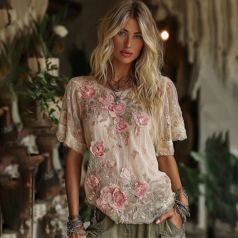 Women's Vintage Floral Art Linen Crew Neck Comfy Short Sleeve T-shirt elevenforest