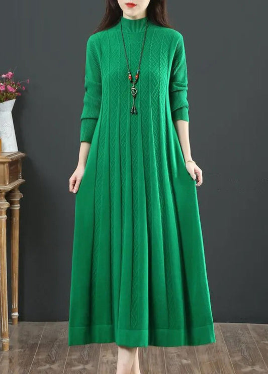 Green Stand Collar Exra Large Hem Knit Holiday Dress Spring