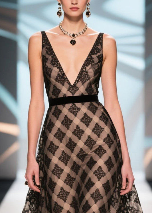 Silm Fit Black Print Patchwork Lace Chiffon Dinner Dress Summer