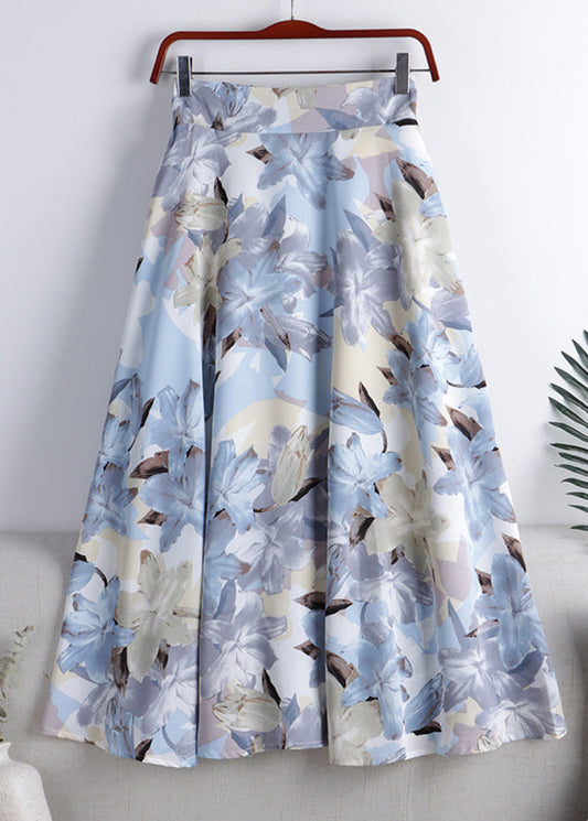 Blue Print High Waist Chiffon a Line Skirt Summer