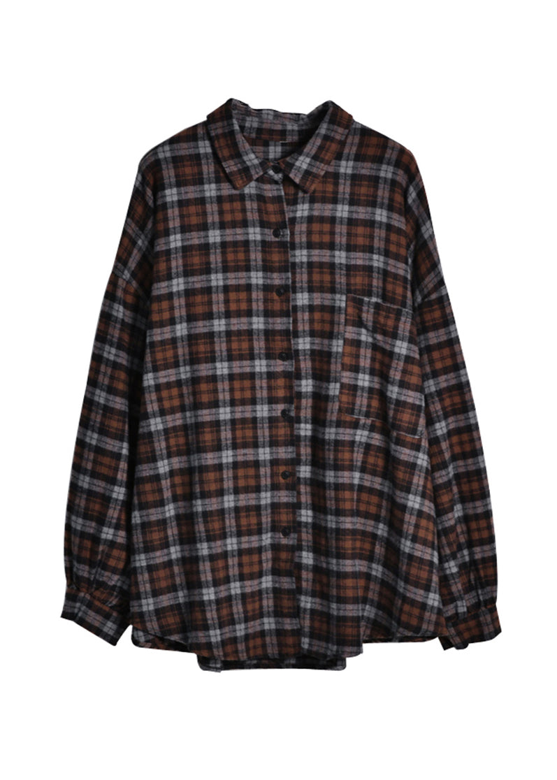 Stylish Black Coffee Plaid Peter Pan Collar Low High Design Cotton Shirt Long Sleeve