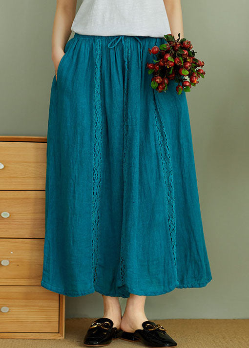 Art Peacock Blue Elastic Waist Linen Skirts Spring