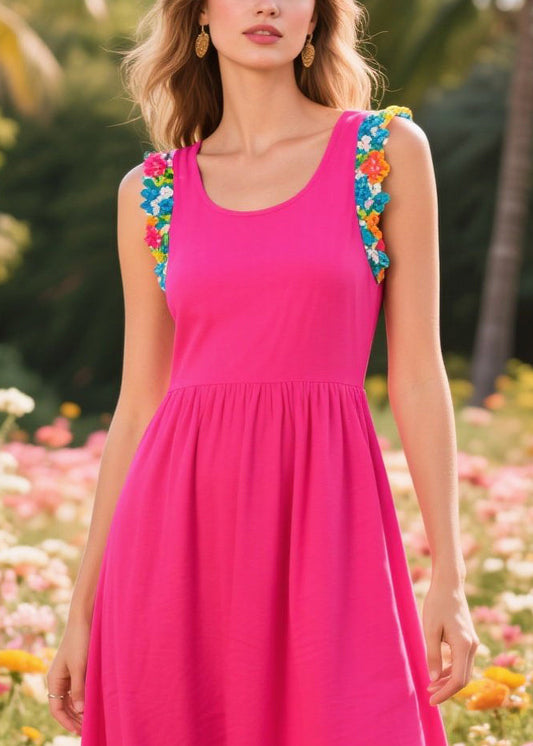 Rose U Neck Patchwork Cotton Long Dress Sleeveless