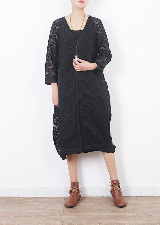 French Black Lace Clothes for Omychic Work Outfits V Neck Loose Summer Hollow Out Cardigan