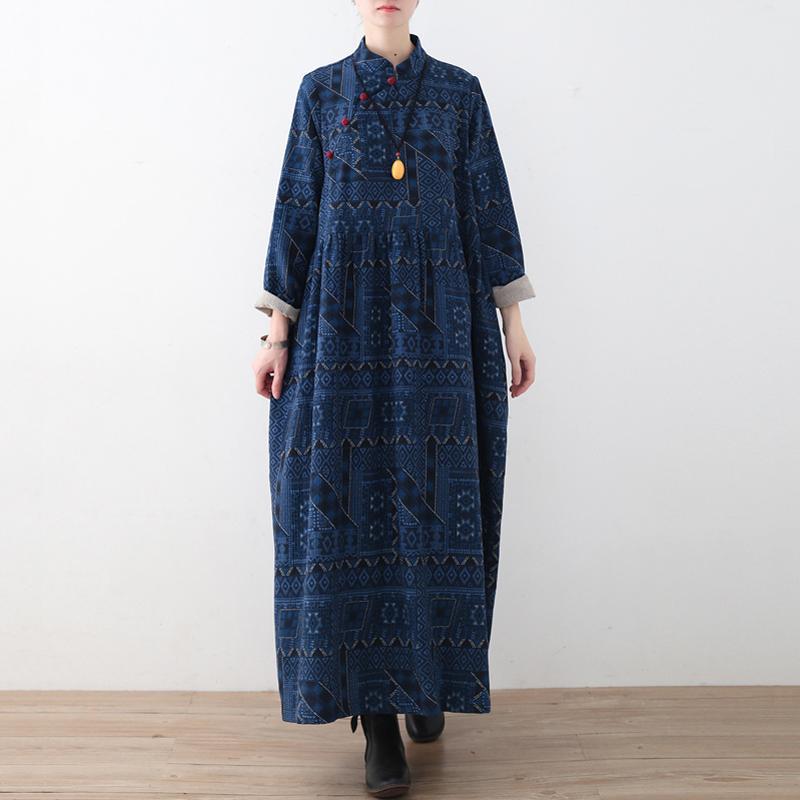 Blue Loose Button Linen Print Dress
