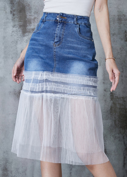 Denim Blue Ruffled Patchwork Tulle Skirt Summer