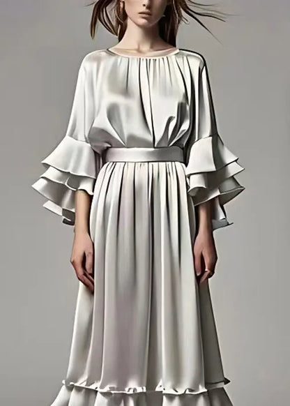 Grey Ruffled Tops and Skirts Silk Two Pieces Set Butterfly Sleeve