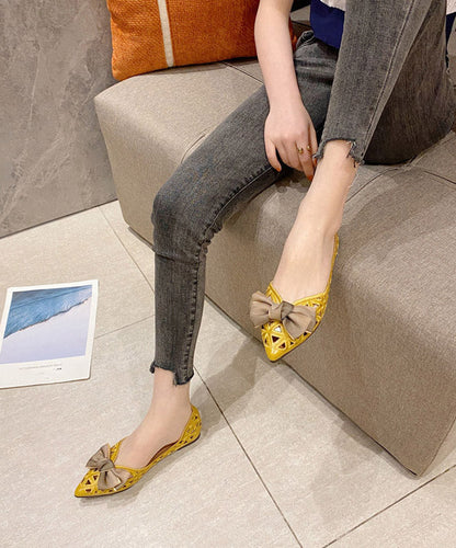 Yellow Pointed Toe Hollow Out Bow Flat Feet Shoes