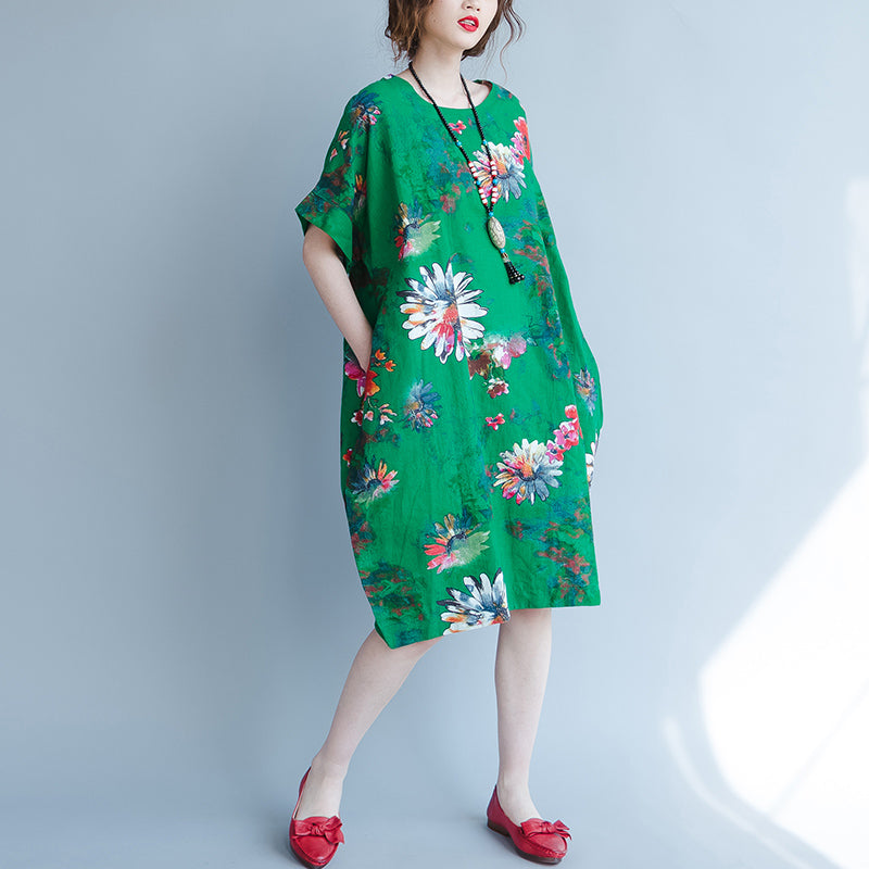 Fine Green Chiffon Dress Oversize Traveling Dress Boutique Short Sleeve Prints Chiffon Clothing Dresses
