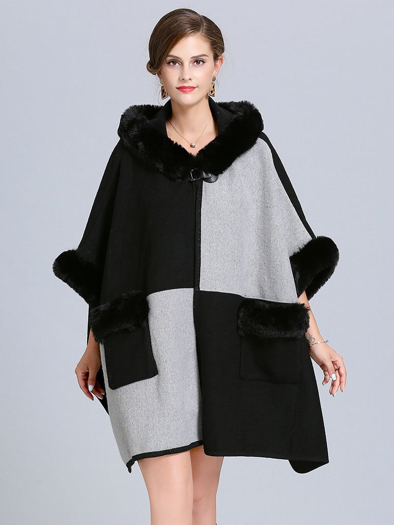 Poncho Cape Faux Fur Hooded Plaid Cape Coat