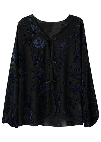 Black V Neck Embroidered Velour Shirt Fall