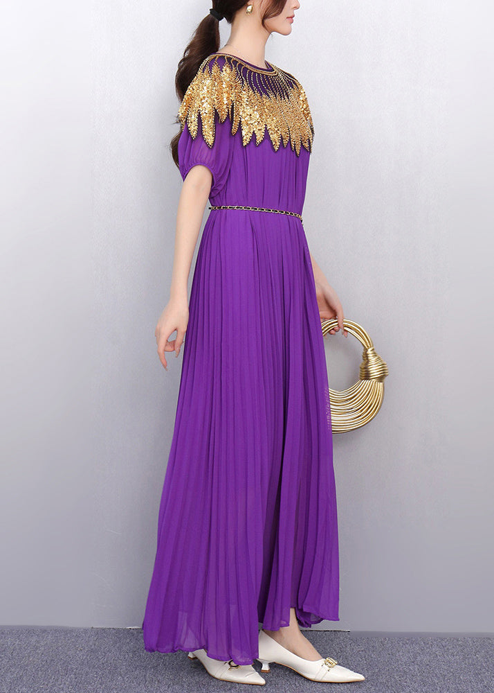 Purple Sequins Chiffon Tunic Party Dress Summer