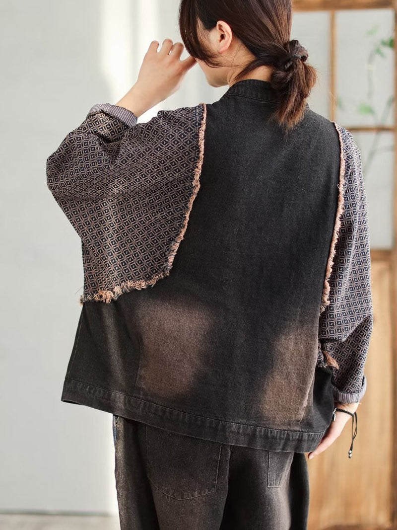 Spring Patchwork Frog Burrs Denim Coat