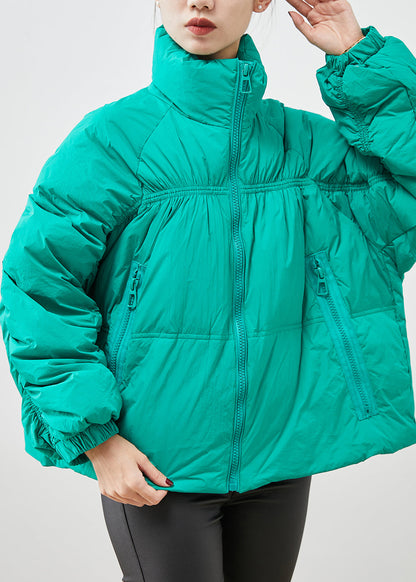 Green Zip Up Wrinkled Duck Down Puffers Jackets Winter