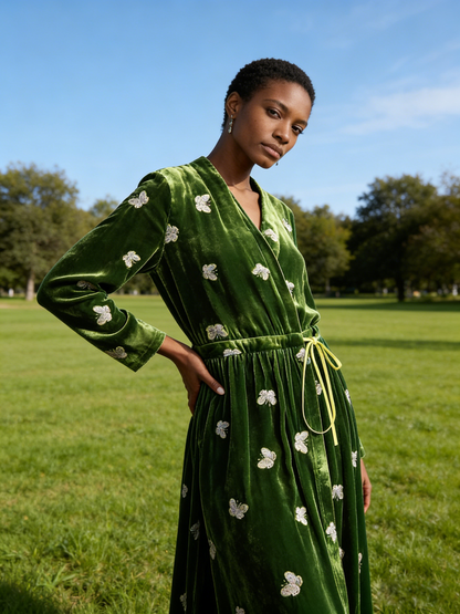 Loose Green Print Butterfly Lace Up Silk Velvet Long Dress Fall