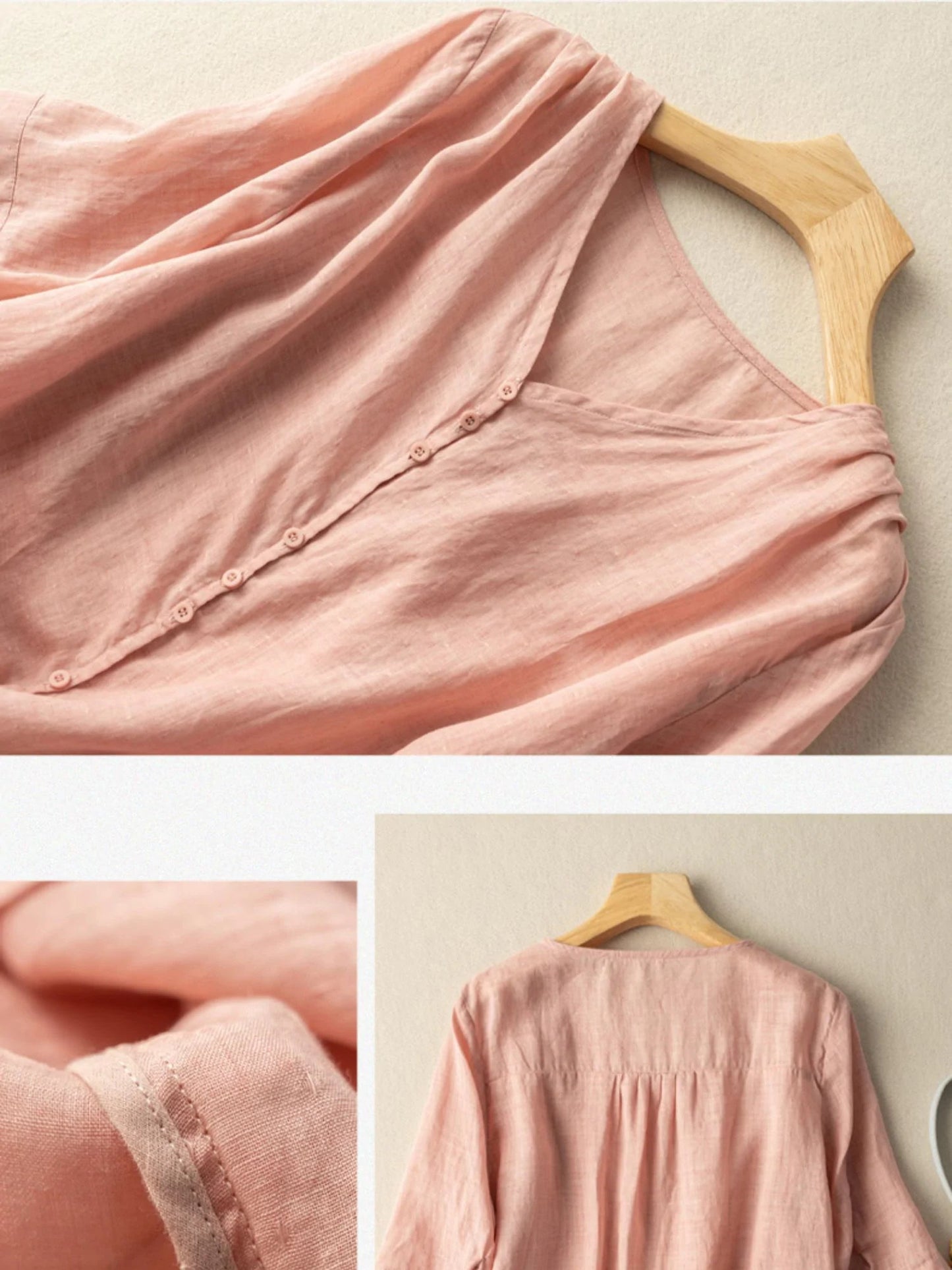 Pure Color V Neck 3/4 Sleeve Linen Shirt Top