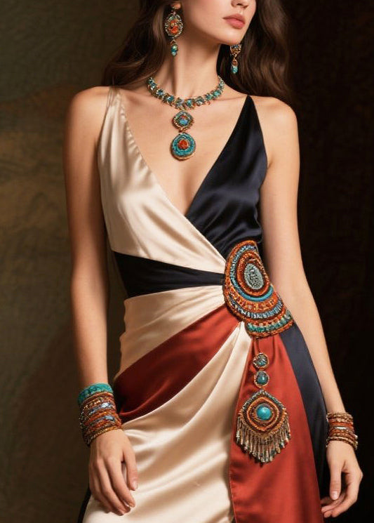 Asymmetrical Patchwork Side Open Silk Dinner Dress Summer