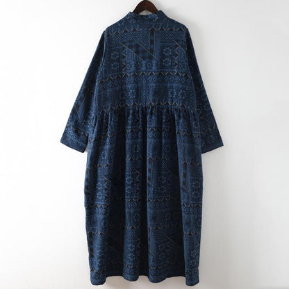 Blue Loose Button Linen Print Dress