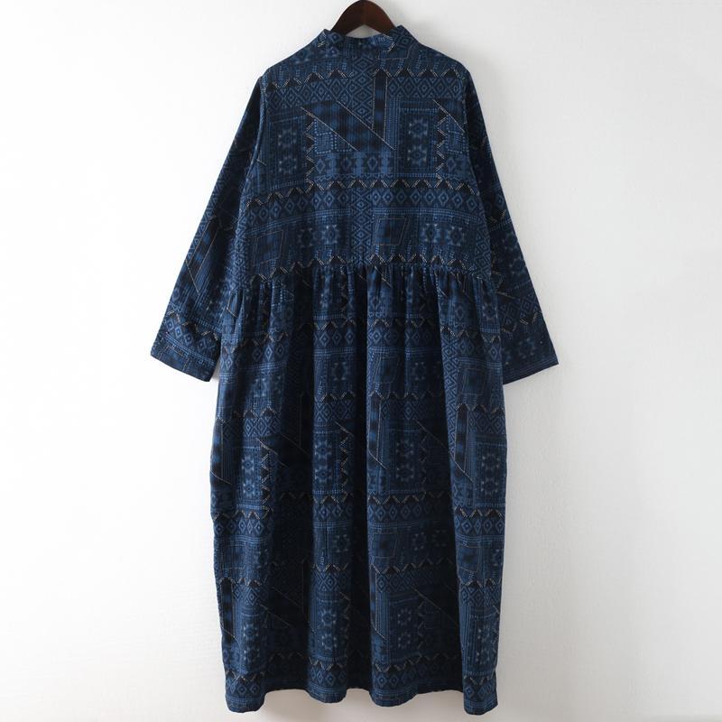 Blue Loose Button Linen Print Dress