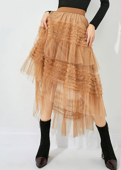 Yellow Low High Design Patchwork Wrinkled Tulle Skirts Summer