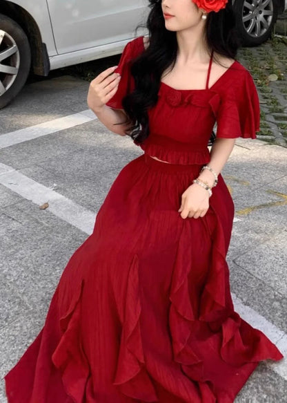 Red Ruffled Tops and Skirts Cotton Two Pieces Set Butterfly Sleeve