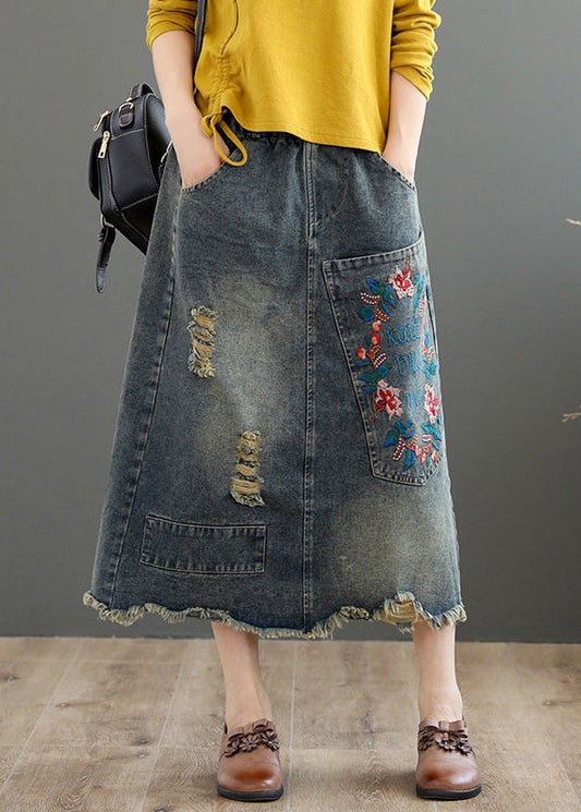 Grey Asymmetrical Embroideried Patchwork High Waist Denim Maxi Skirts Summer